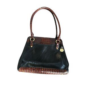 Vintage BRAHMIN Tuscan Black Leather Brown Croc Leather Trims Bucket Bag